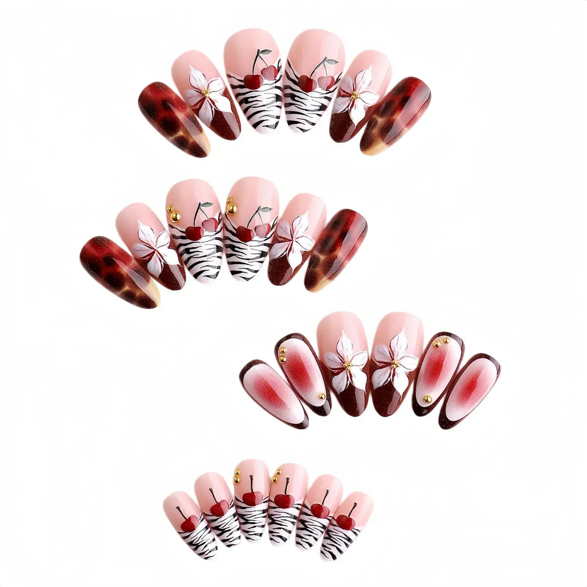 Kentrim tortoiseshell and zebra cherry floral press-on nails set with 24 pieces in 12 sizes, showcasing colorful nail designs. Main image