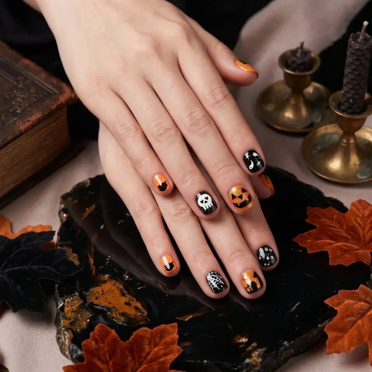 Kentrim Jelly Glue Orange Kentrim Halloween Ghost & Pumpkin Short Square Press On Nails - 24 Pieces (12 Sizes)