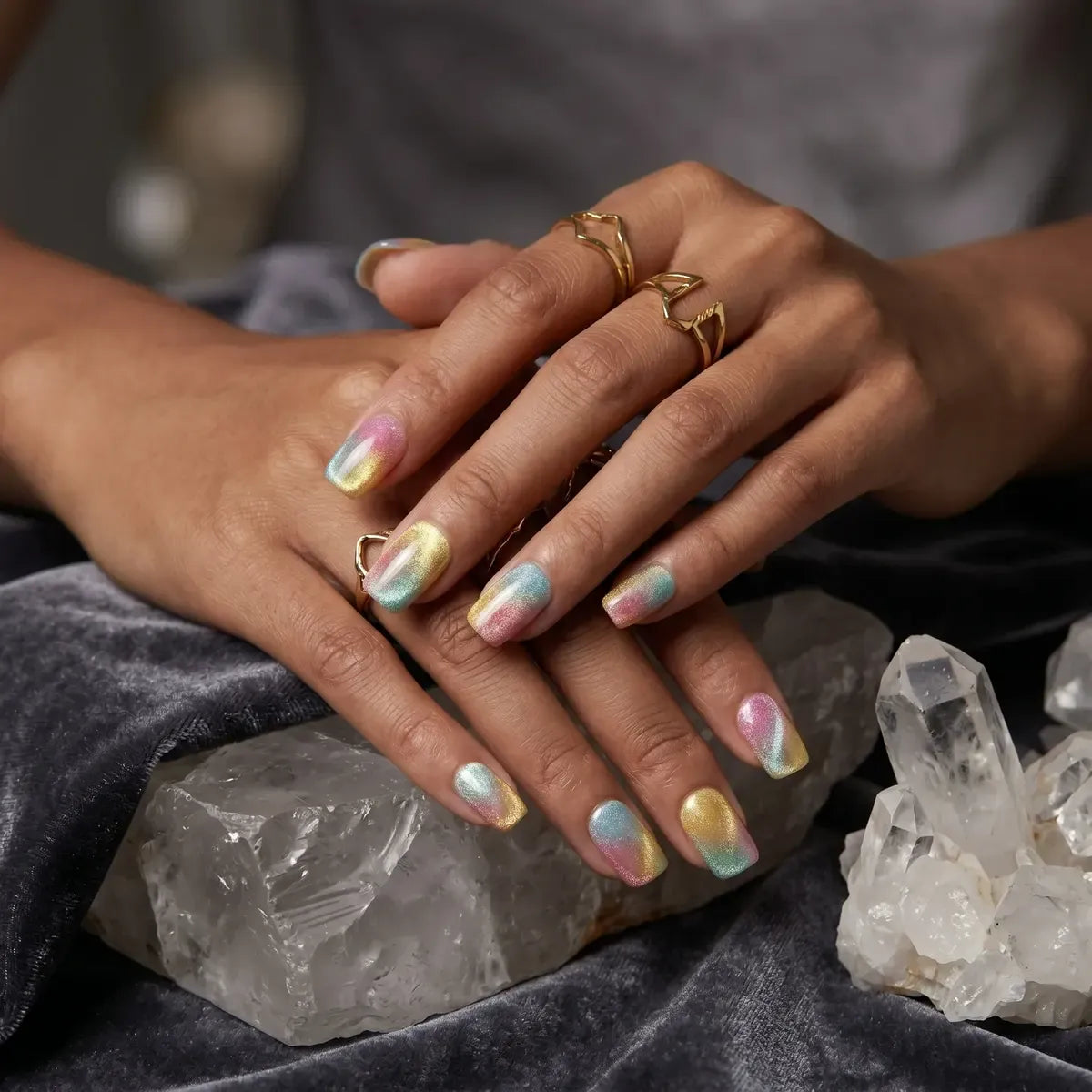 Kentrim Rainbow Ombre Cat Eye Medium Square Press On Nails - 24 Pieces (12 Sizes) Secondary image
