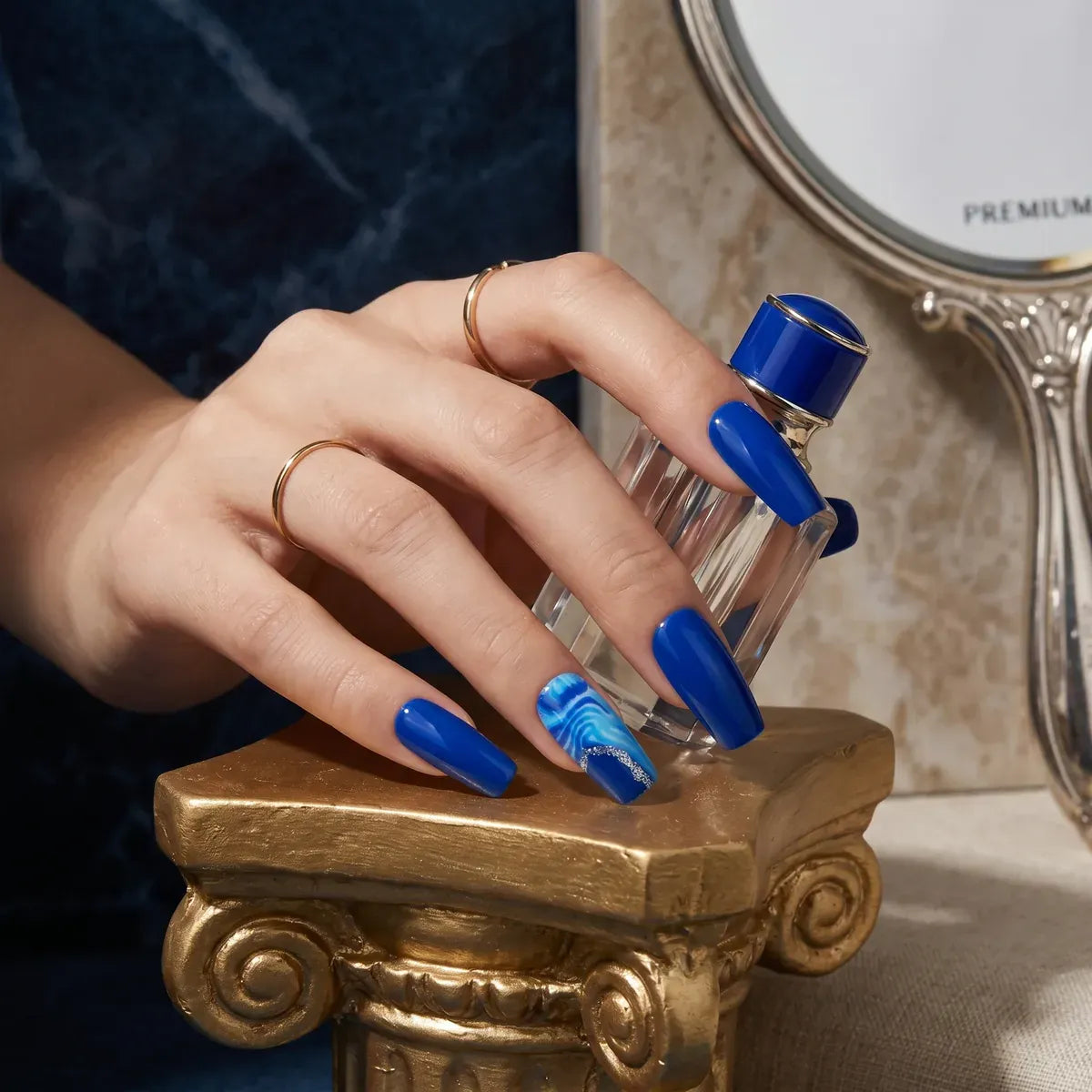 Kentrim Jelly Glue Blue Kentrim Klein Blue Marble Medium Square Press On Nails - 24 Pieces (12 Sizes)