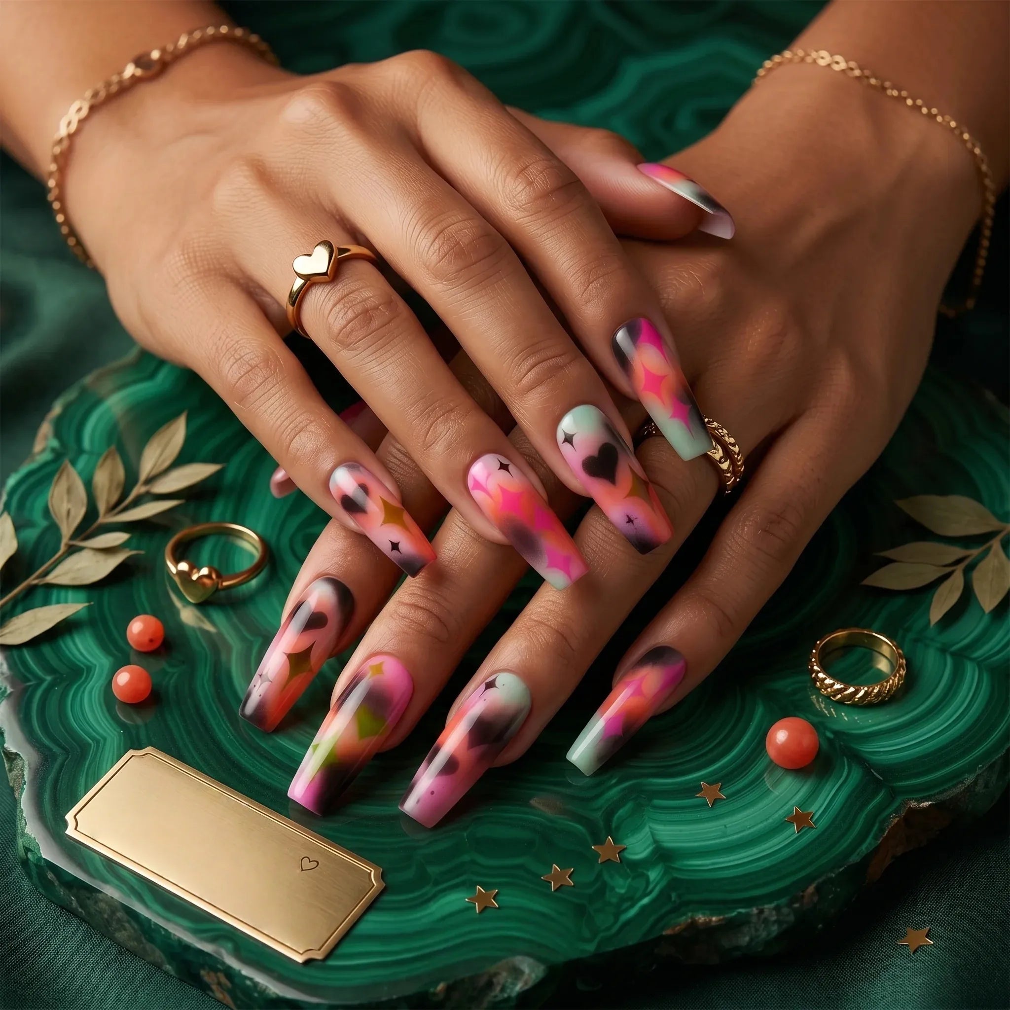 Kentrim abstract heart and star press-on nails with airbrush gradient glitter in pink, orange, black, long coffin shape, 30 pieces Main image