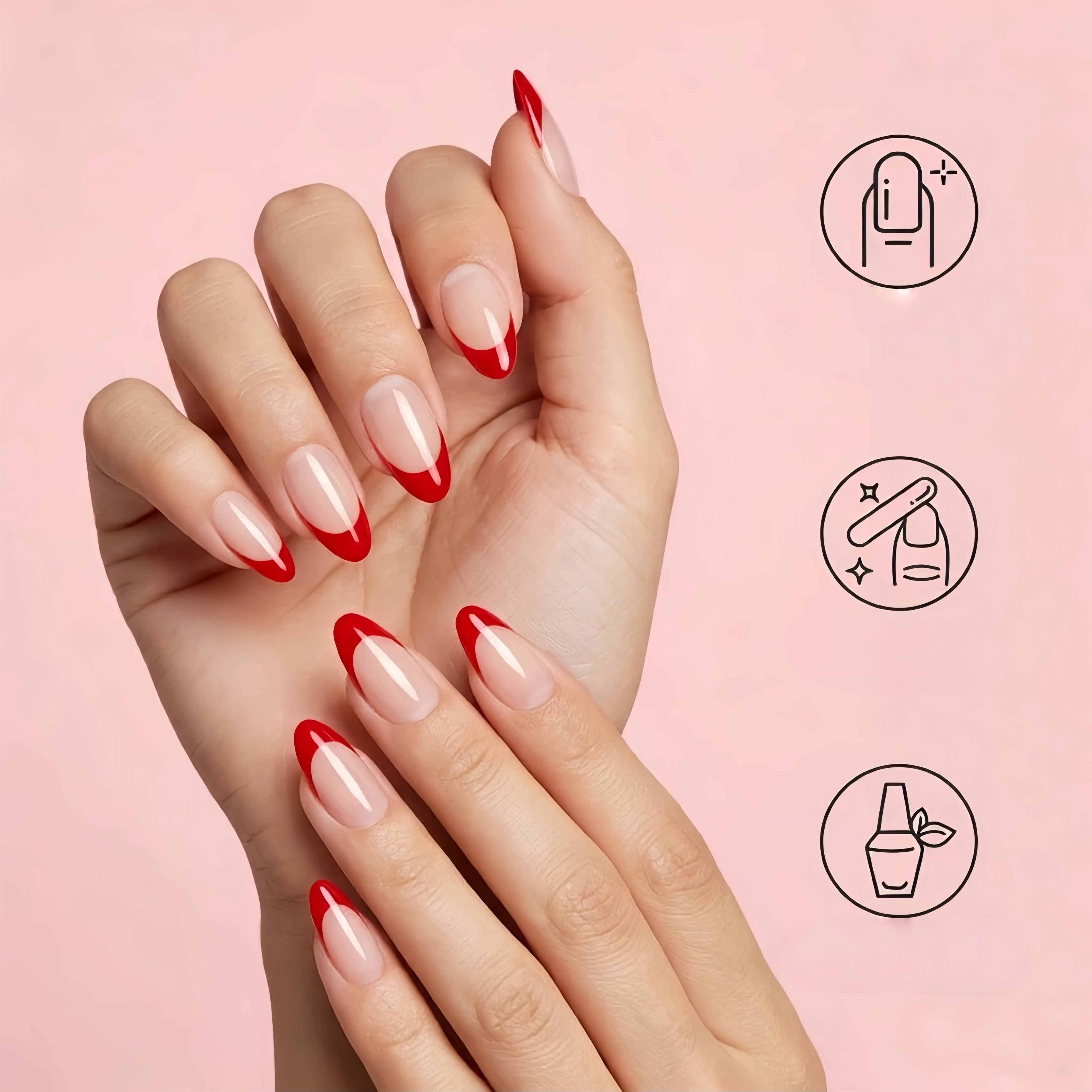 Kentrim Red French Tip Medium Almond Press On Nails - 24 Pieces, 12 Sizes
