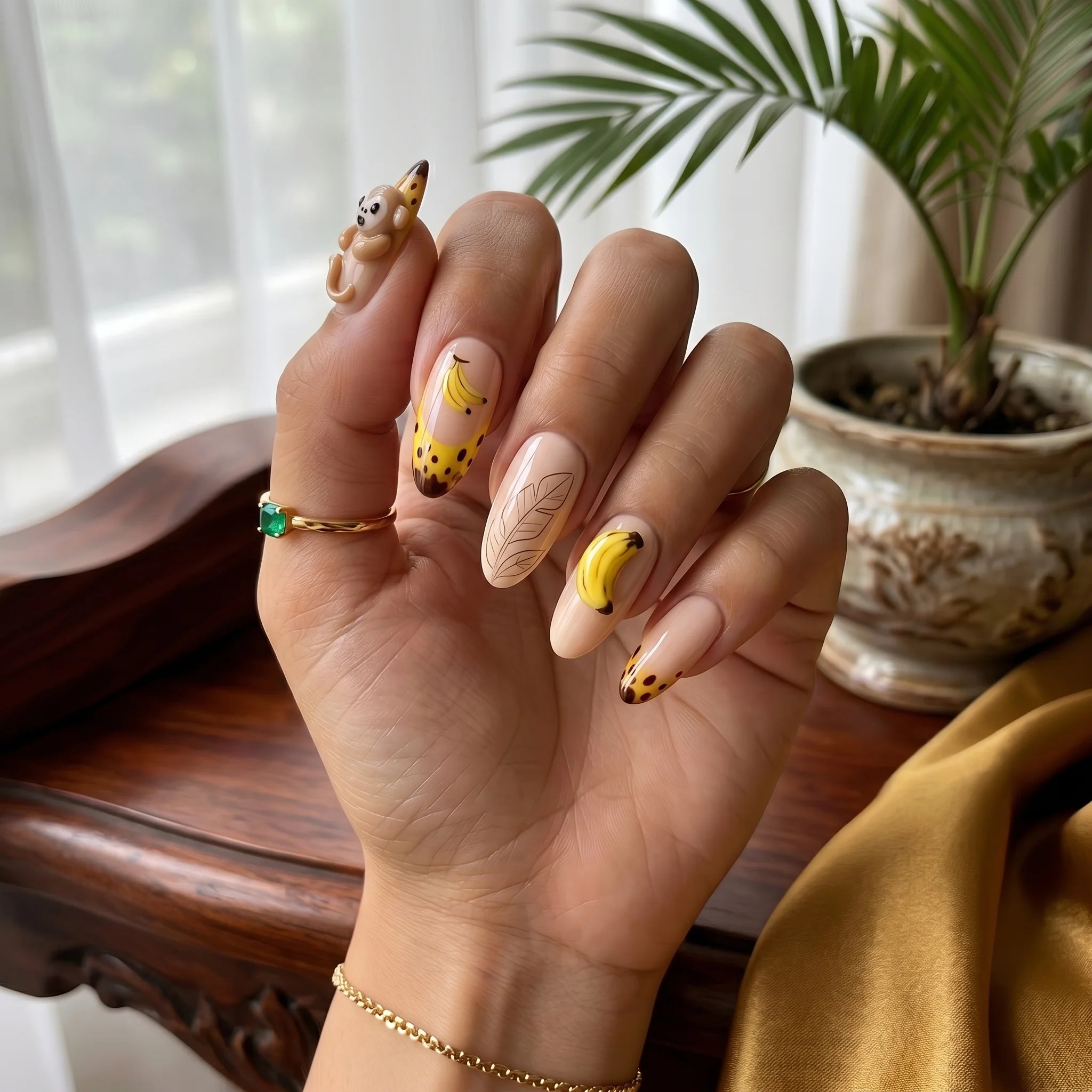 Kentrim Banana Monkey Fun Medium Almond Press On Nails- 10 Pieces (Single Size)