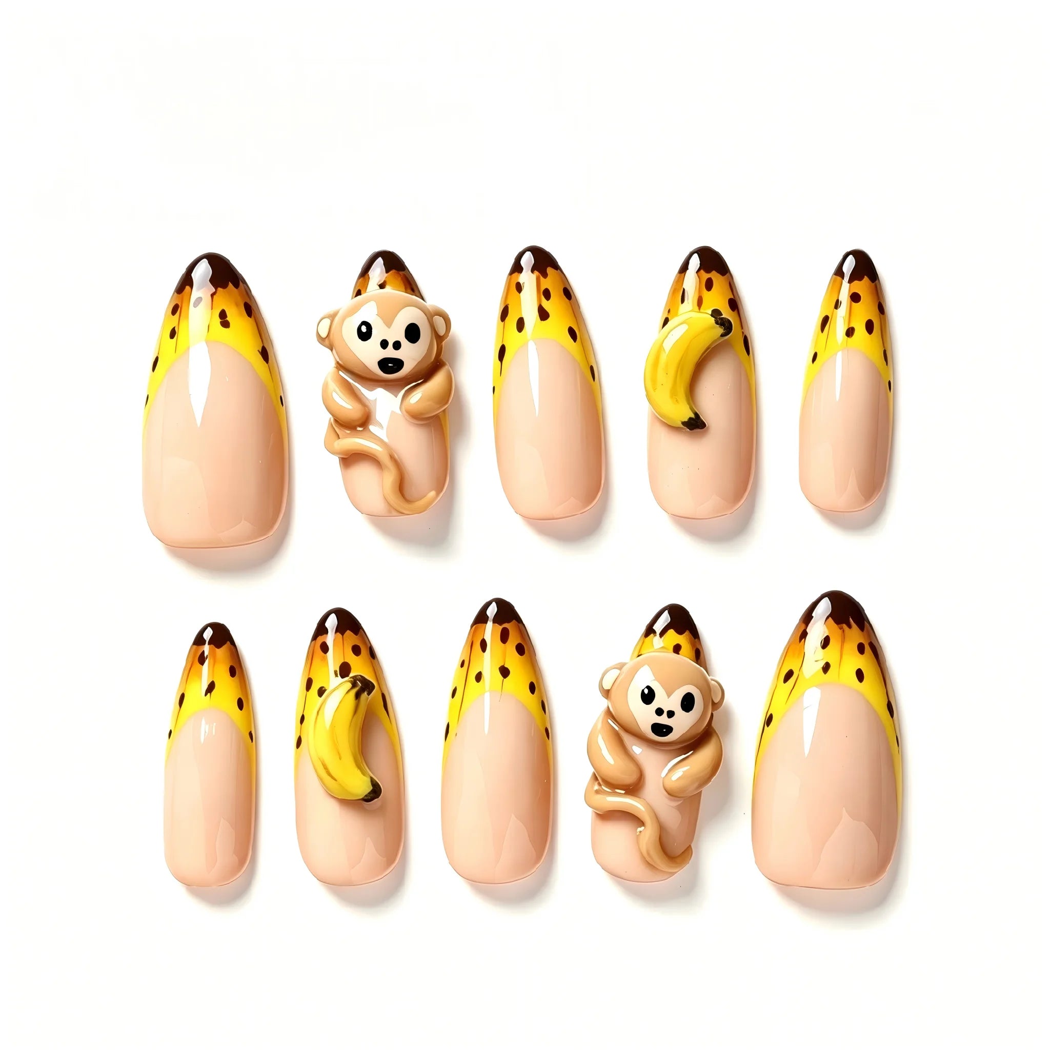 Kentrim Banana Monkey Fun Medium Almond Press On Nails- 10 Pieces (Single Size)