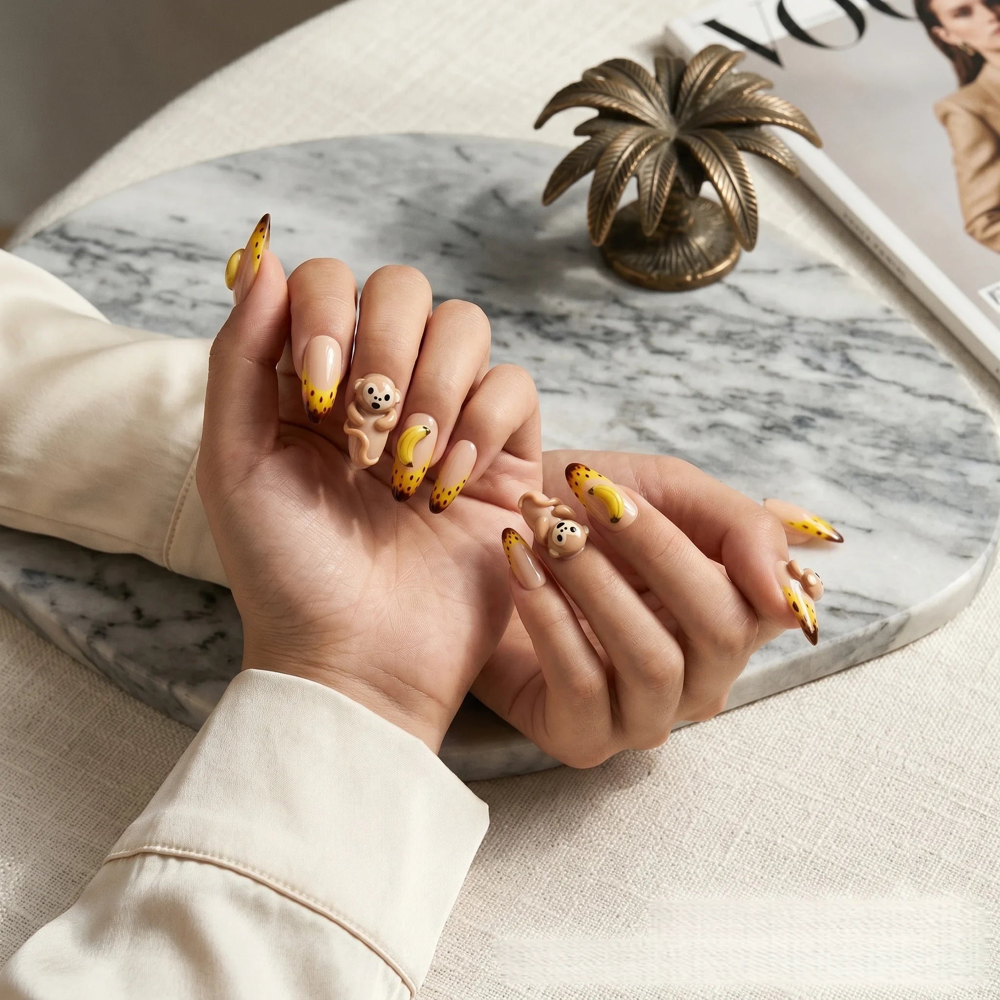 Kentrim Banana Monkey Fun Medium Almond Press On Nails- 10 Pieces (Single Size)