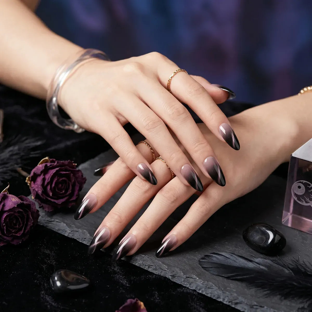 Kentrim Jelly Glue Black Kentrim Black Cat Eye Gradient Almond Press On Nails - 24 Pieces (12 Sizes)
