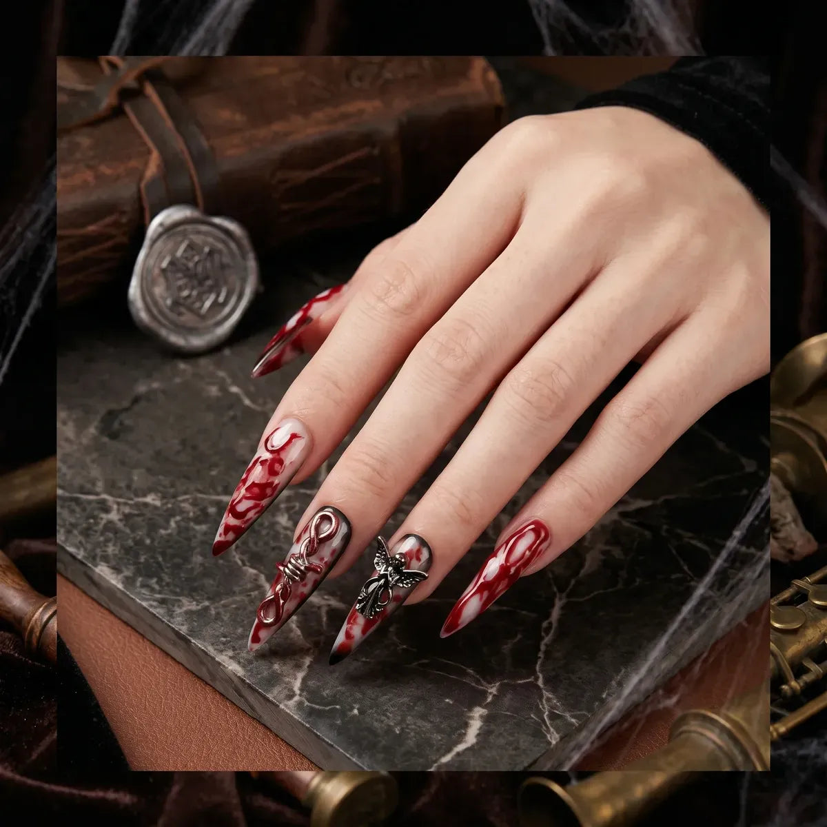 Kentrim Jelly Glue Red Kentrim Bloody Drip Angel Key Halloween Stiletto Press On Nails - 24 Pieces (12 Sizes)