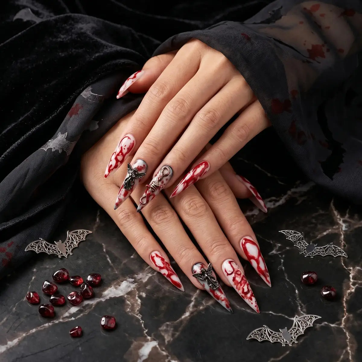 Kentrim Bloody Drip Angel Key Halloween Stiletto Press On Nails - 24 Pieces (12 Sizes) Secondary image