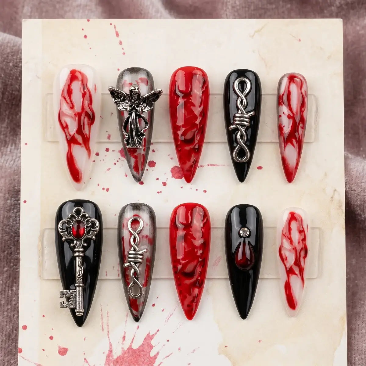 Kentrim Jelly Glue Red Kentrim Bloody Drip Angel Key Halloween Stiletto Press On Nails - 24 Pieces (12 Sizes)