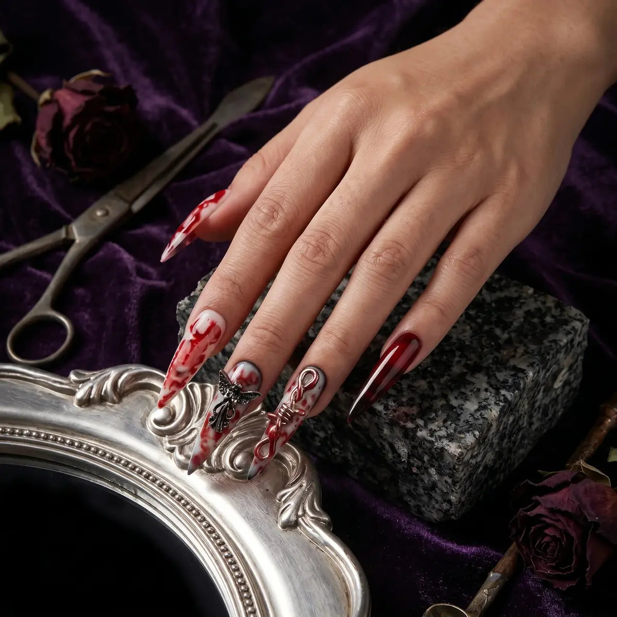 Kentrim Jelly Glue Red Kentrim Bloody Drip Angel Key Halloween Stiletto Press On Nails - 24 Pieces (12 Sizes)