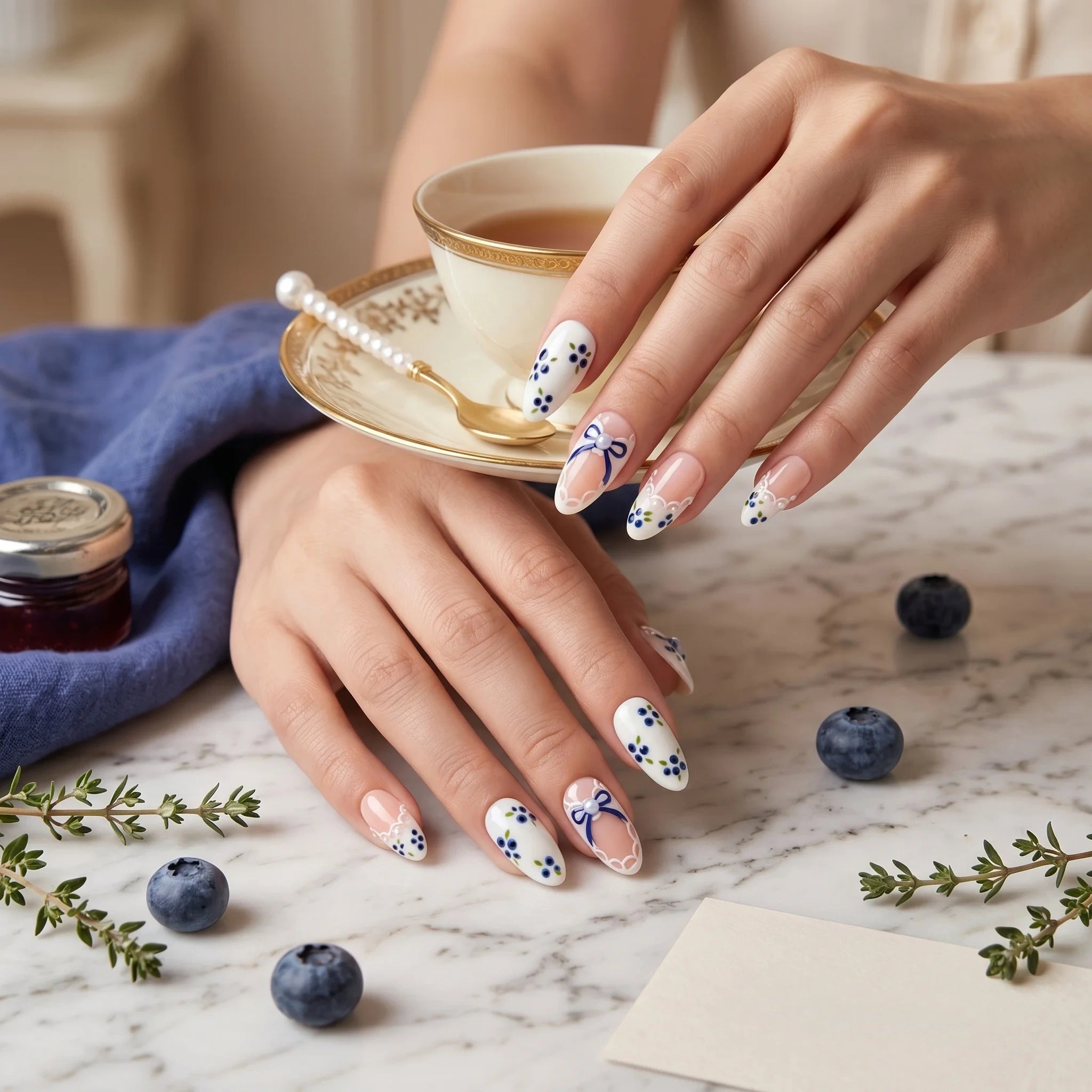 Kentrim Blueberry Ribbon Short Almond Press On Nails- 10 Pieces (Single Size) Secondary image