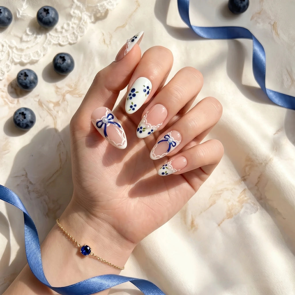 Kentrim Blueberry Ribbon Short Almond Press On Nails- 10 Pieces (Single Size)