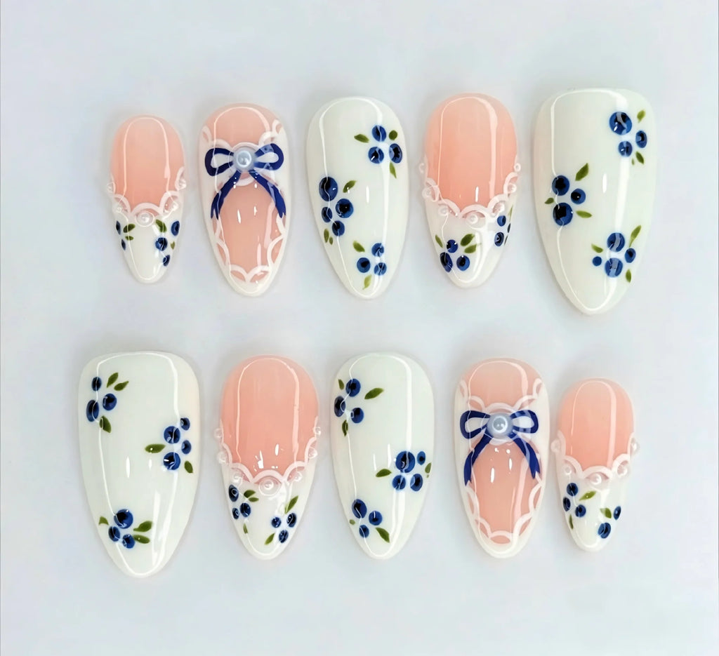 Kentrim Blueberry Ribbon Short Almond Press On Nails- 10 Pieces (Single Size)