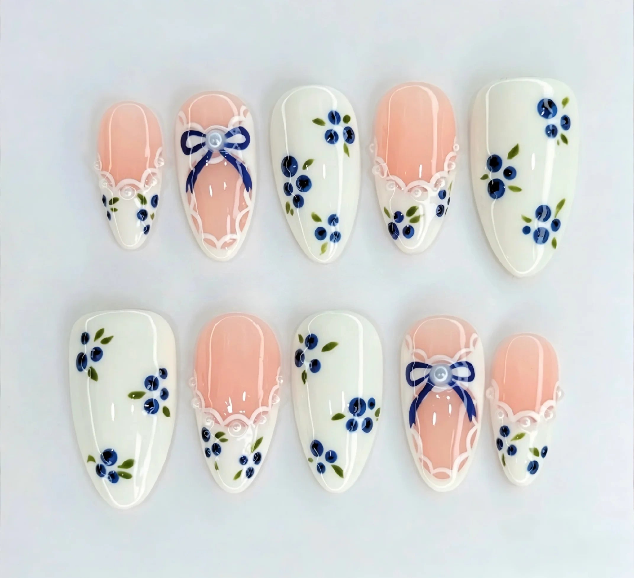 Kentrim Blueberry Ribbon Short Almond Press On Nails- 10 Pieces (Single Size) Main image