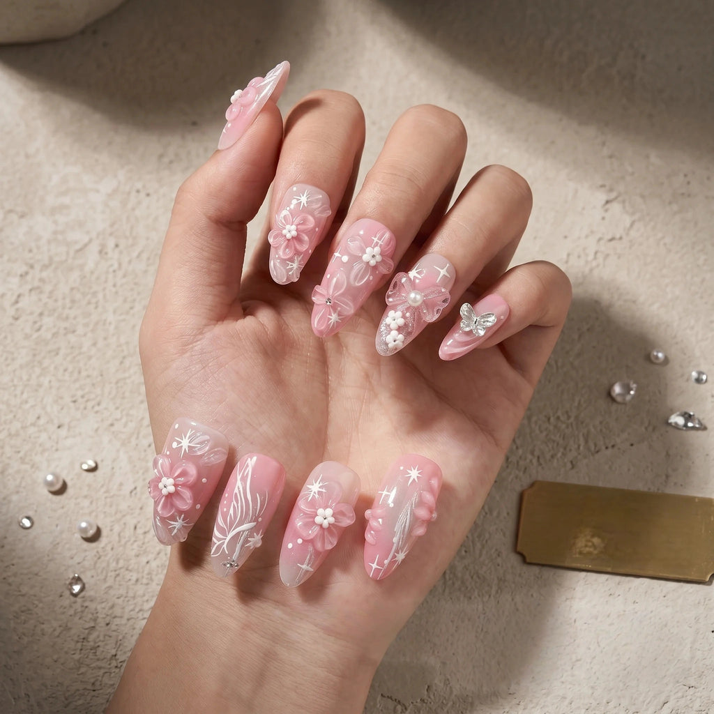 Kentrim Blush Pink Floral Press On Nails- 10 Pieces (Single Size)