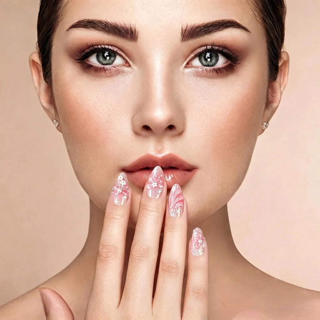 Kentrim Blush Pink Floral Press On Nails- 10 Pieces (Single Size)