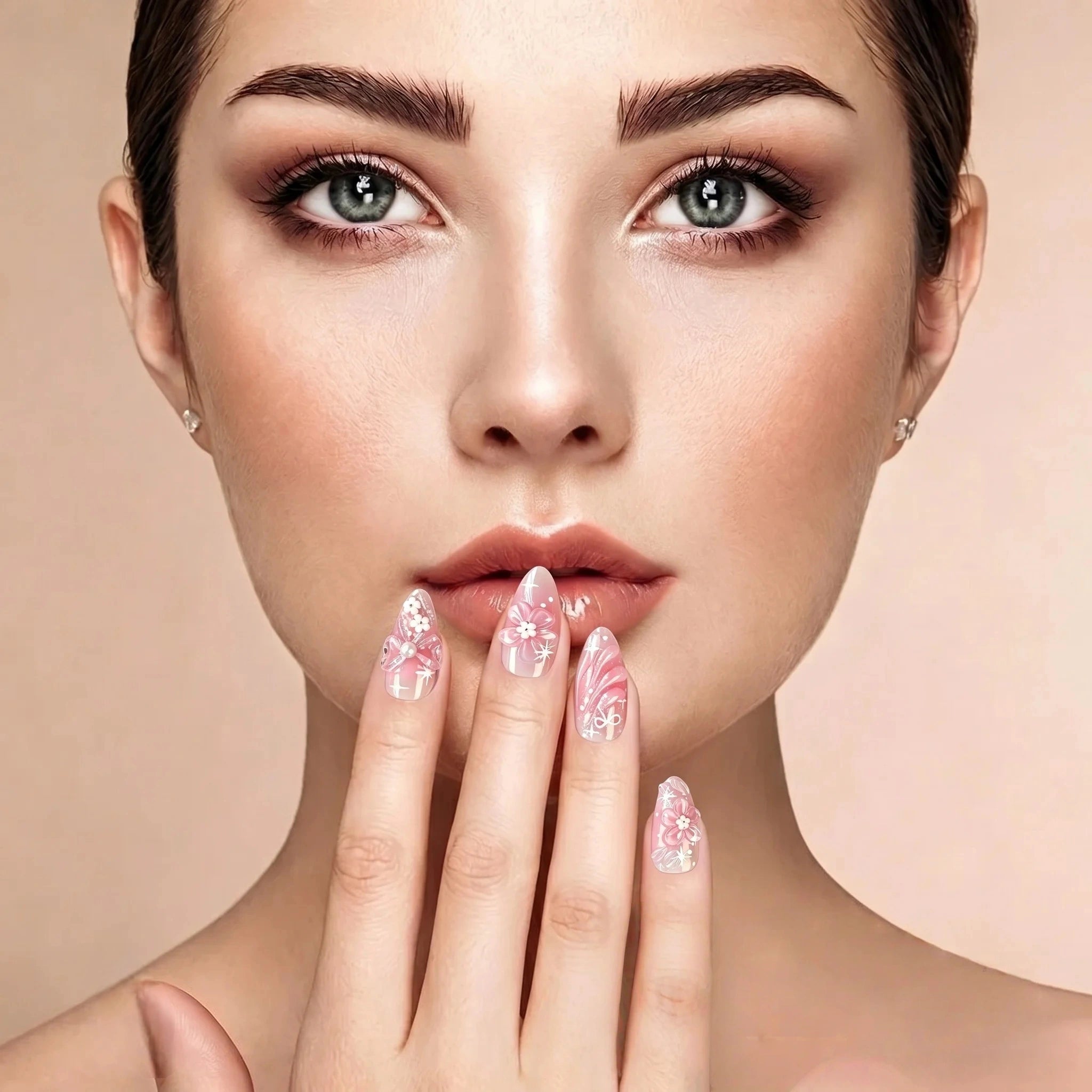 Kentrim Blush Pink Floral Press On Nails- 10 Pieces (Single Size)