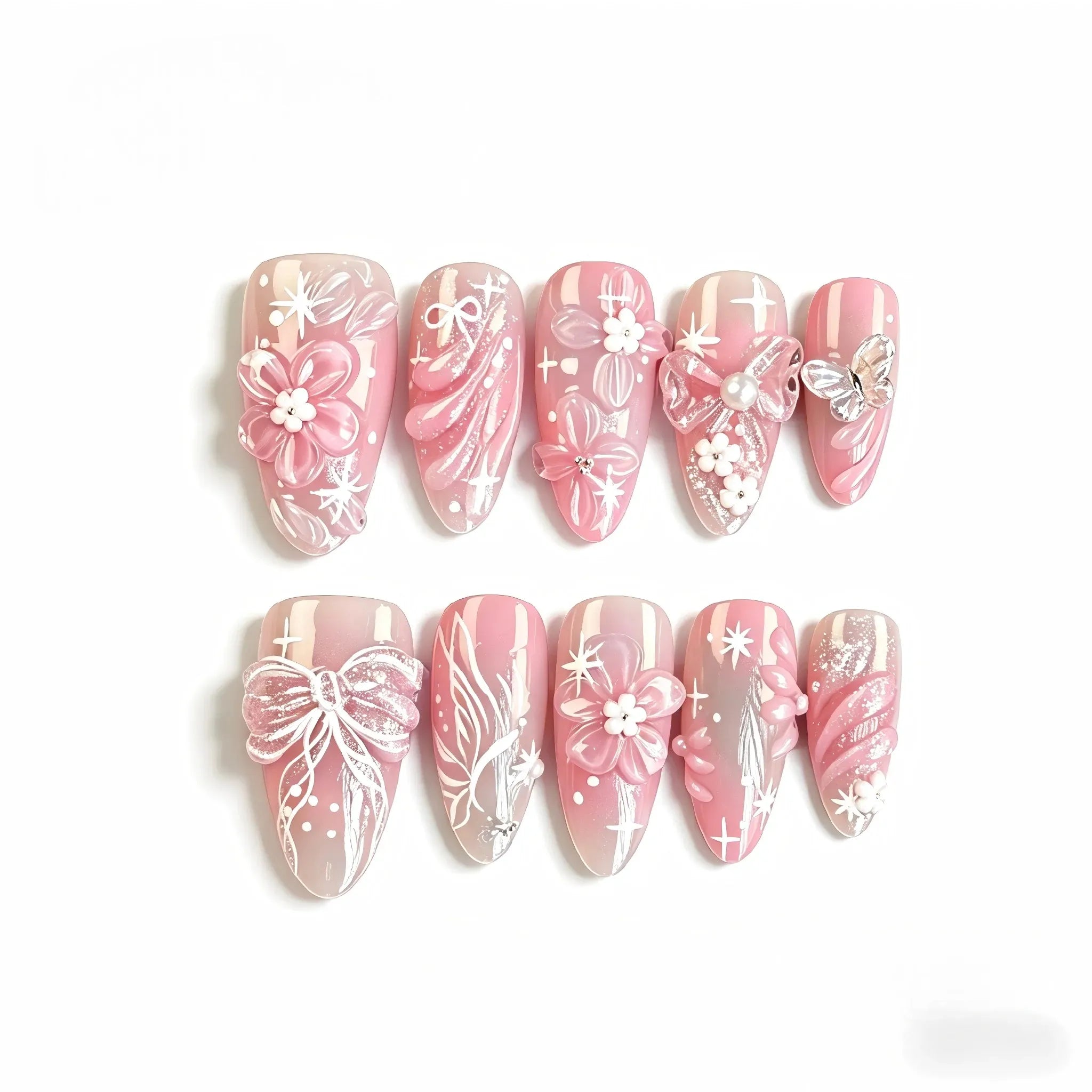 Blush Pink Press On Nails – 3D Floral Bow Butterfly Design10 Pieces (Single Size) Secondary image
