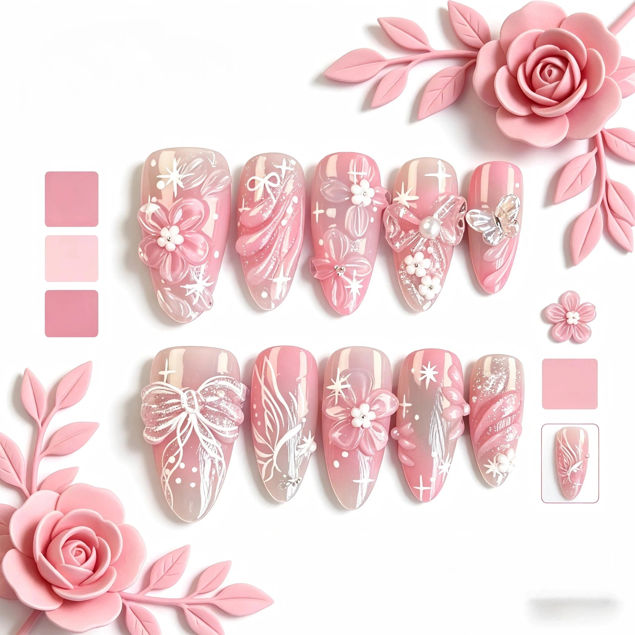 Kentrim Blush Pink Floral Press On Nails- 10 Pieces (Single Size)