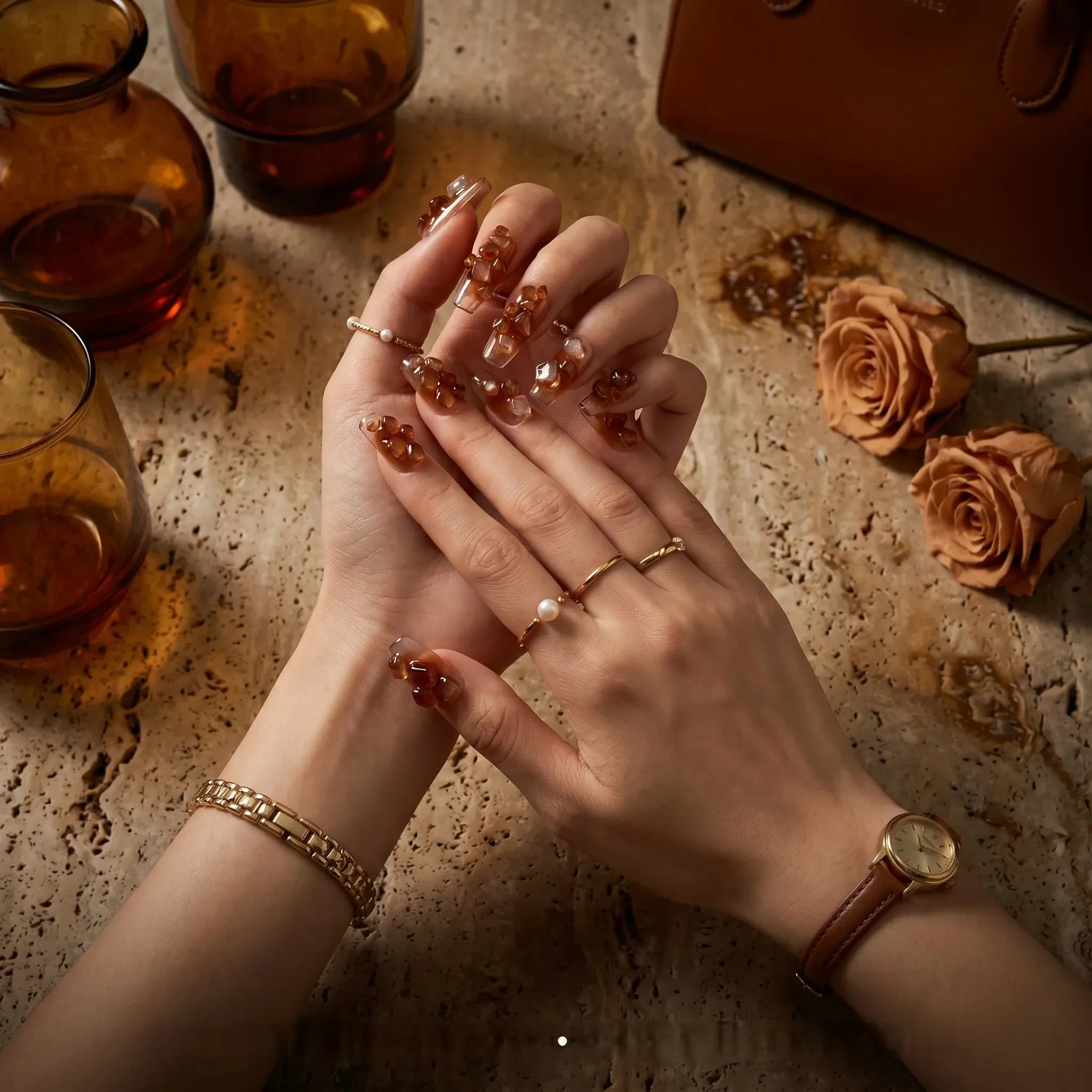 Kentrim brown crystal elegance long square press-on nails with amber ombre bases and 3D brown crystal resin accents. Main image