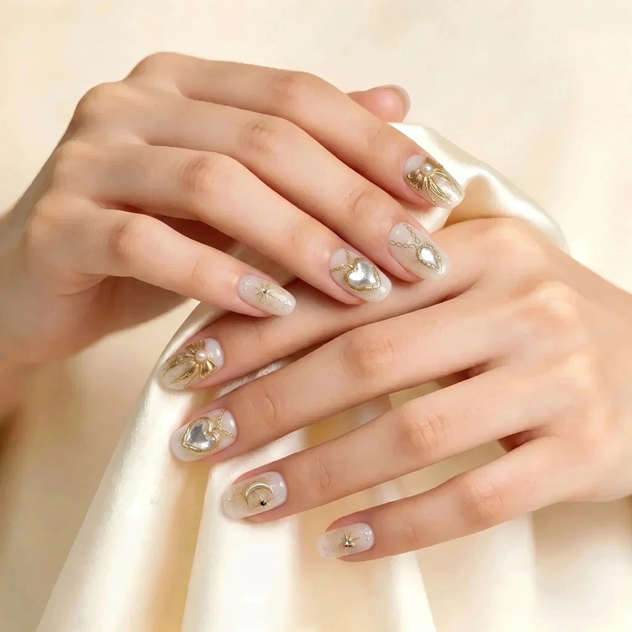 Kentrim 3D Celestial Gold Moon & Star Press On Nails- 10 Pieces (Single Size)