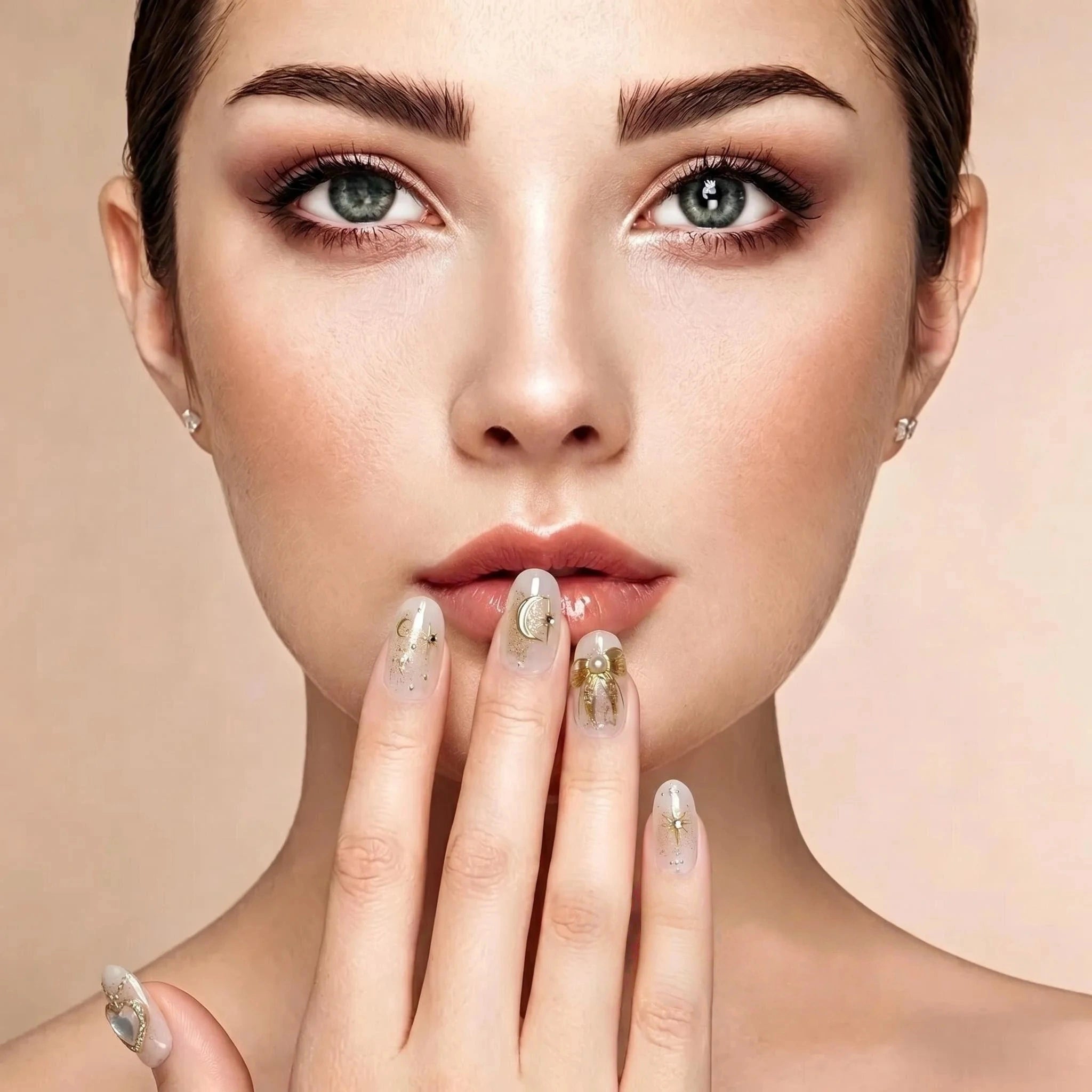 Kentrim 3D Celestial Gold Moon & Star Press On Nails- 10 Pieces (Single Size)