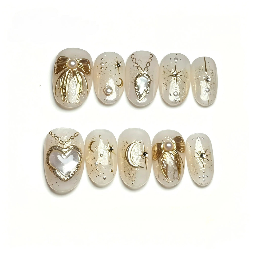 Kentrim 3D Celestial Gold Moon & Star Press On Nails- 10 Pieces (Single Size)