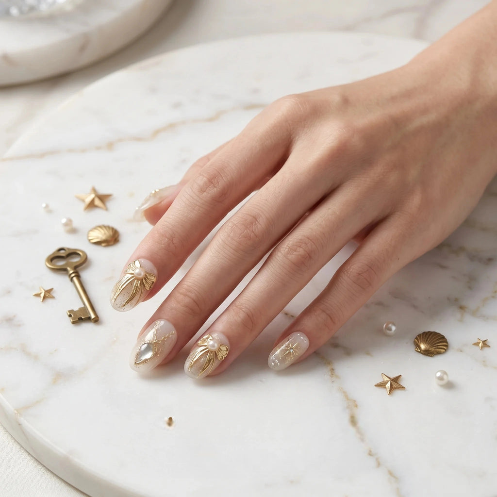 Kentrim 3D Celestial Gold Moon & Star Press On Nails- 10 Pieces (Single Size)