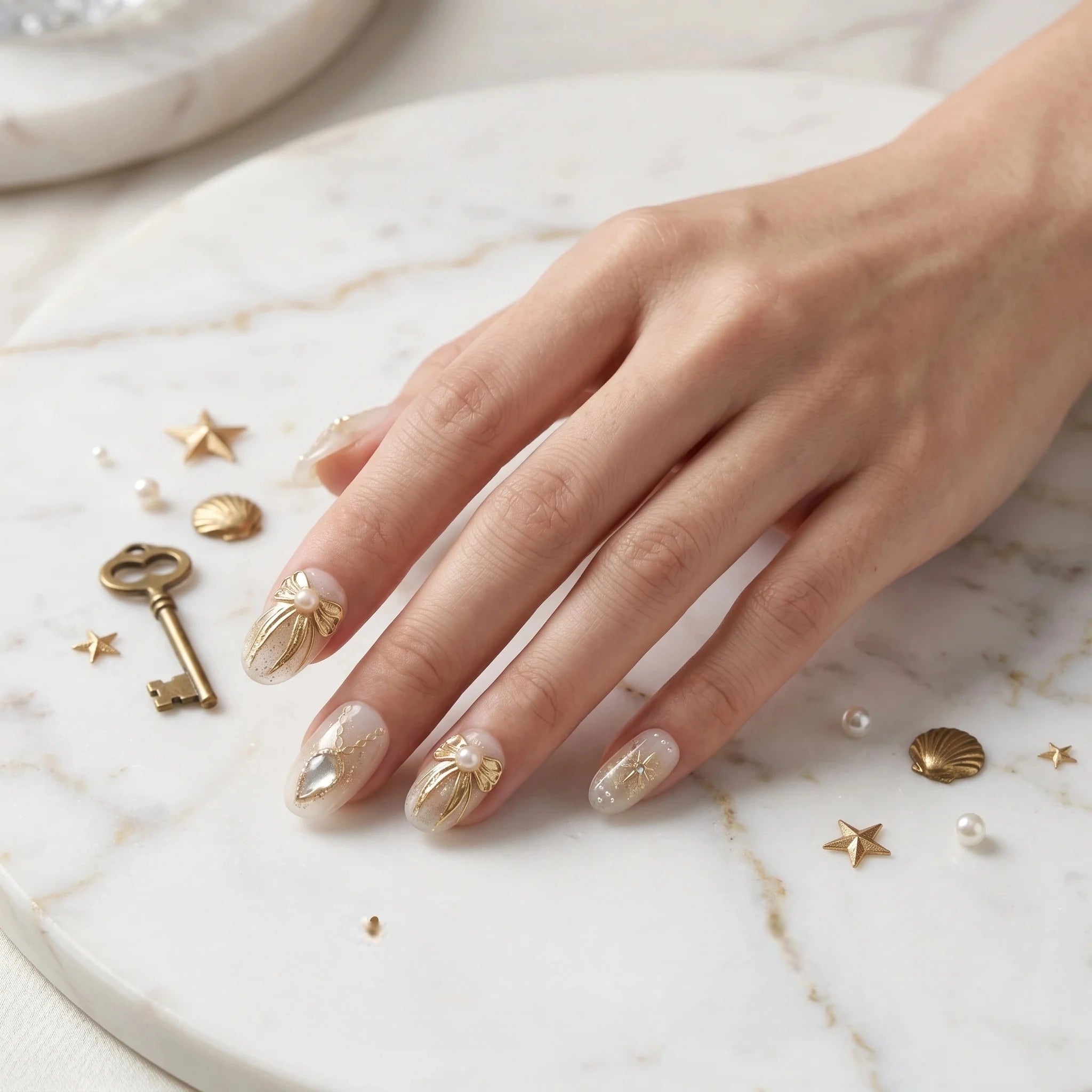 Kentrim 3D Celestial Gold Moon & Star Press On Nails- 10 Pieces (Single Size)