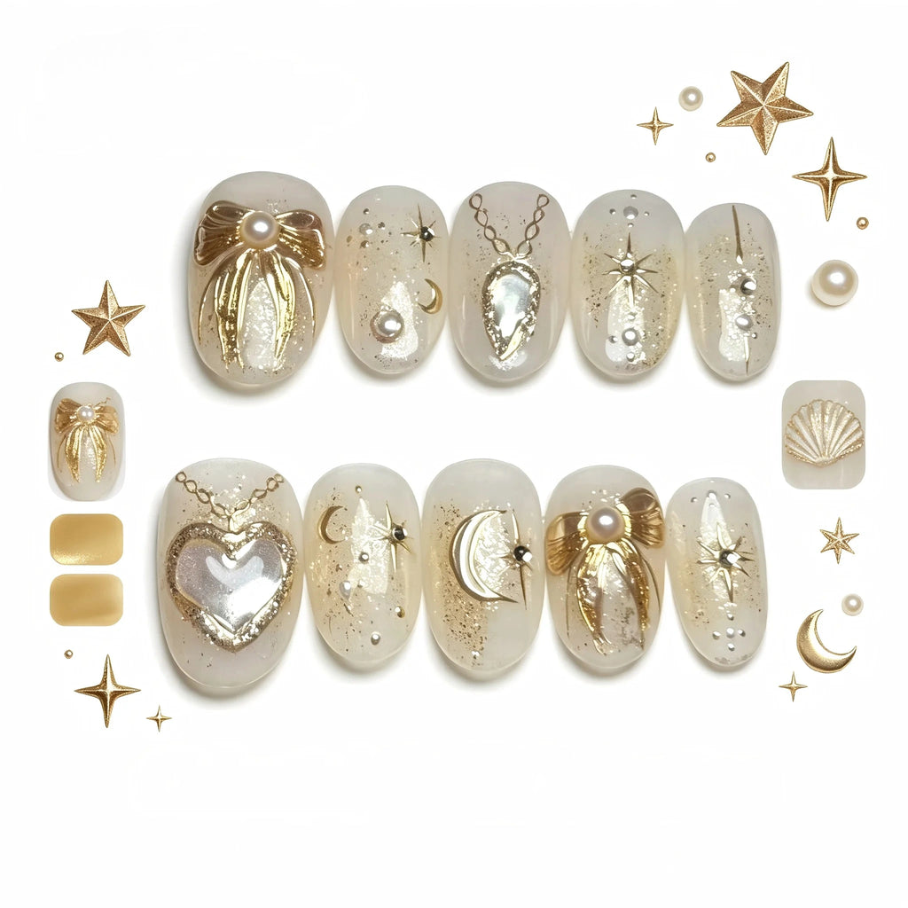 Kentrim 3D Celestial Gold Moon & Star Press On Nails- 10 Pieces (Single Size)