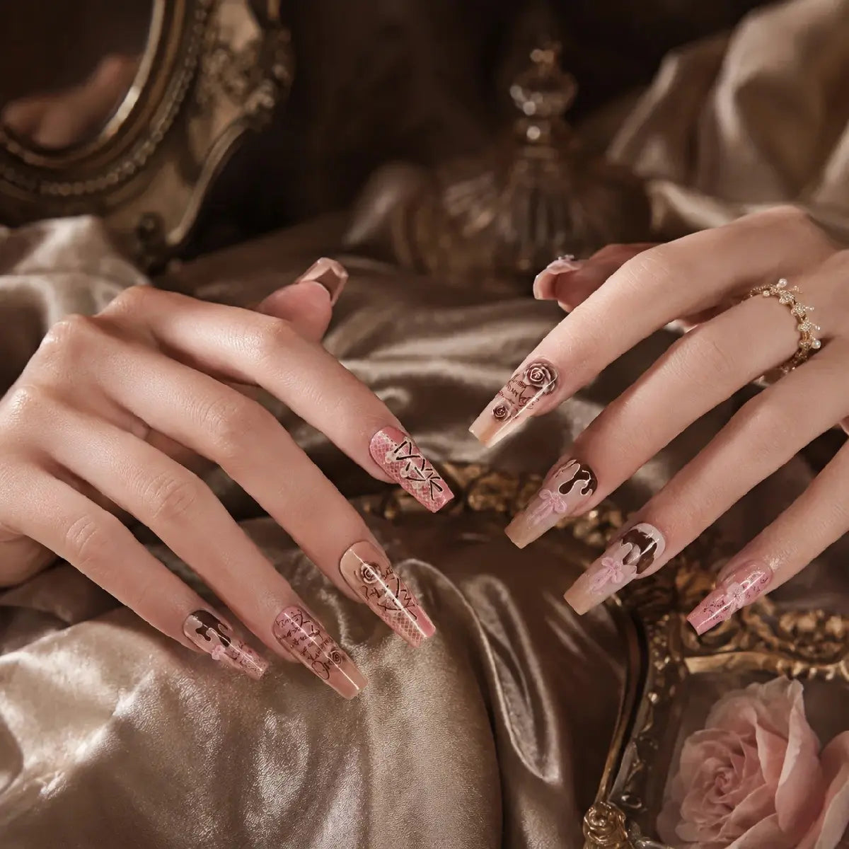 Kentrim Jelly Glue Pink Kentrim Chocolate Drip Rose & Lace Press On Nails - 30 Pieces (15 Sizes)