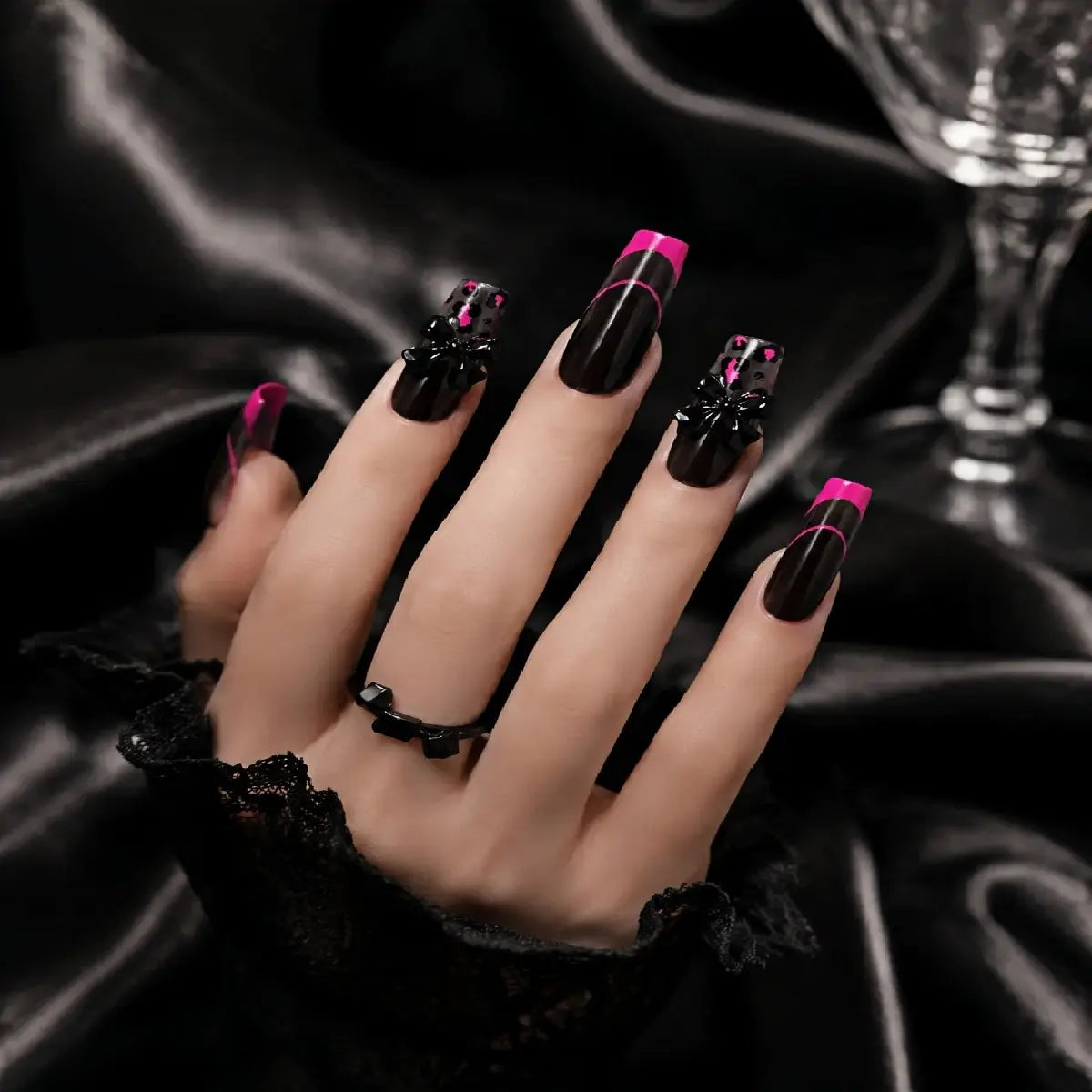 Kentrim Jelly Glue Dark black Kentrim Black & Pink Leopard Print Bow Press On Nails - 30 Pieces (15 Sizes)