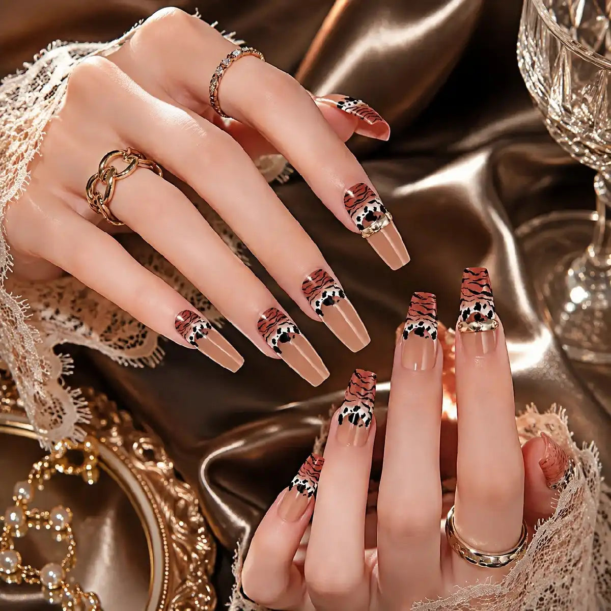 Kentrim Jelly Glue Brown Kentrim Tiger & Leopard Print French Press On Nails - 30 Pieces (15 Sizes)