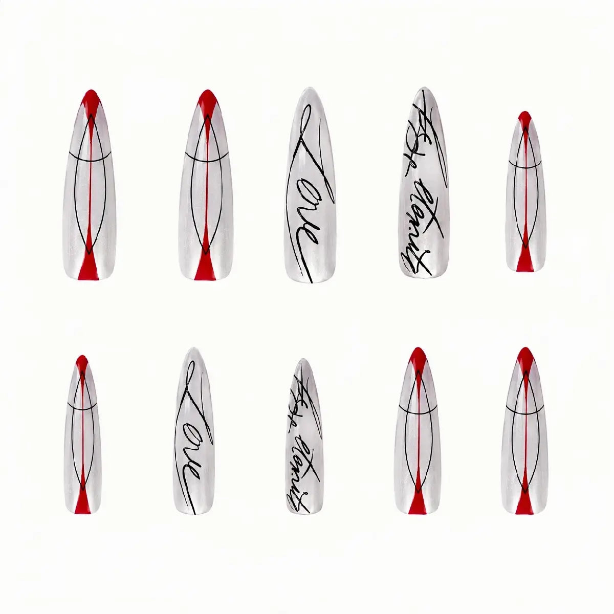 Kentrim Silver Red Line & Text Print Stiletto Press On Nails - 30 Pieces (15 Sizes) Secondary image