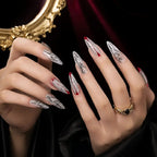 Kentrim Jelly Glue Silver Kentrim Silver Red Line & Text Print Stiletto Press On Nails - 30 Pieces (15 Sizes)