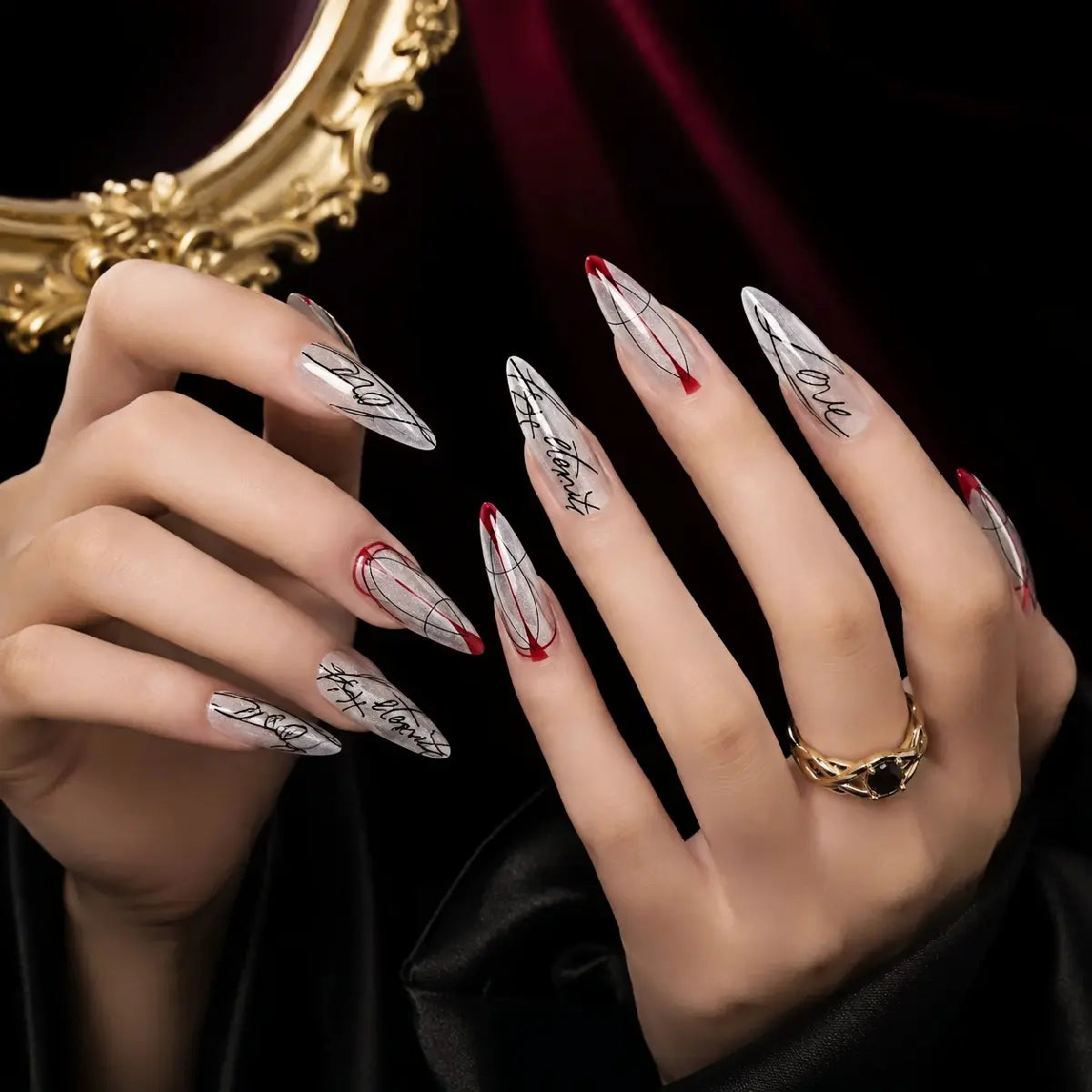 Kentrim Jelly Glue Silver Kentrim Silver Red Line & Text Print Stiletto Press On Nails - 30 Pieces (15 Sizes)