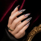 Kentrim Jelly Glue Silver Kentrim Silver Red Line & Text Print Stiletto Press On Nails - 30 Pieces (15 Sizes)