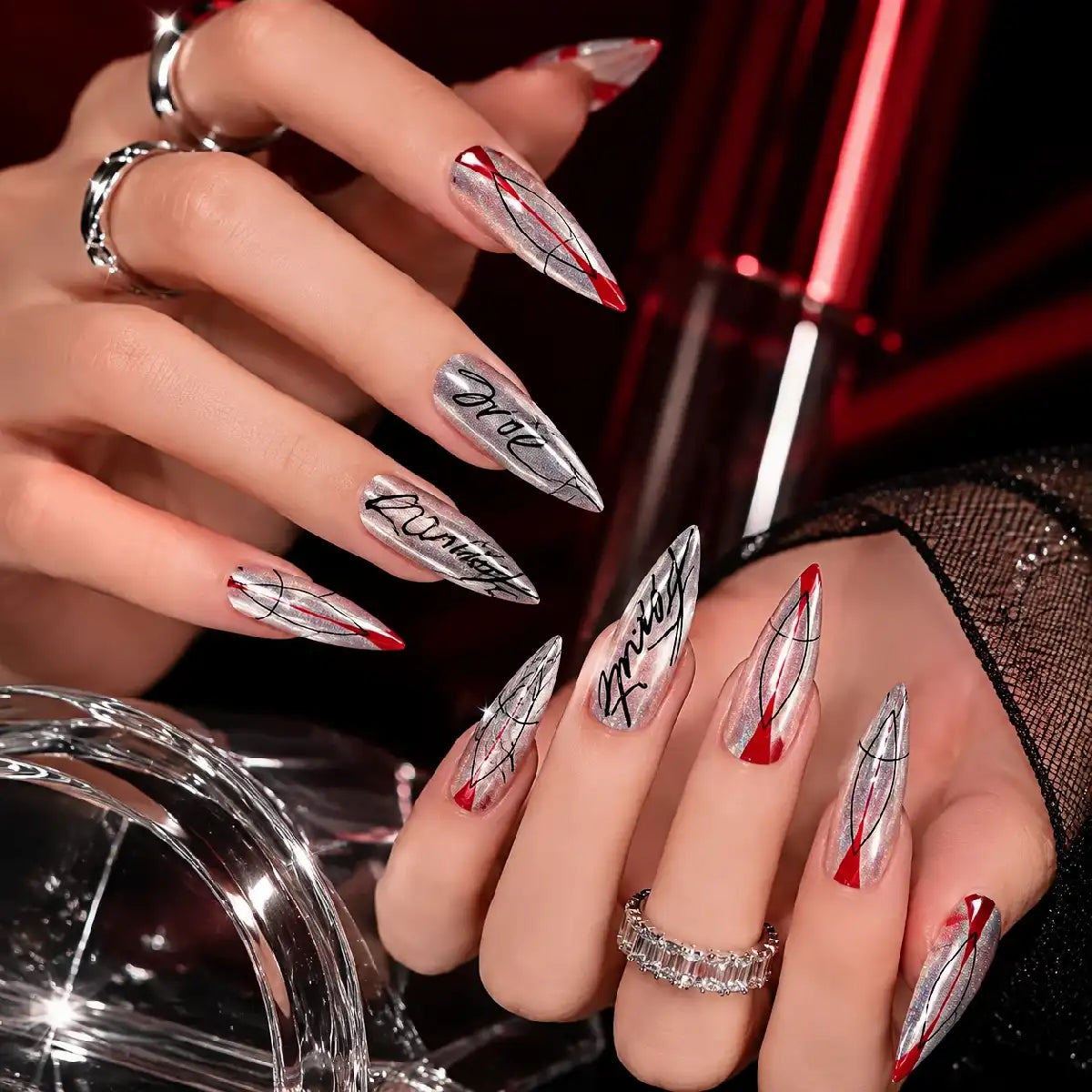 Kentrim silver and red line print press-on nails with text design, 30-piece set in 15 sizes, stylish nail art for easy application Main image