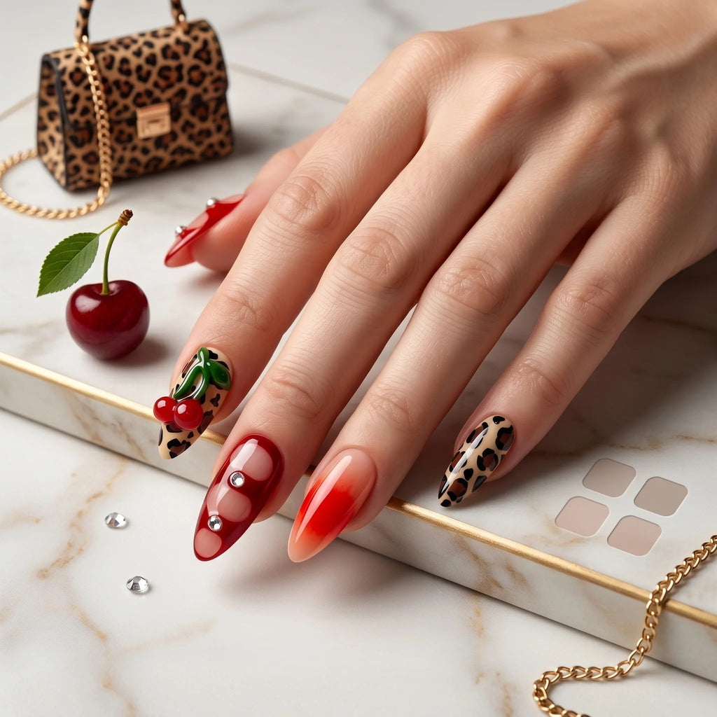 Kentrim Cherry Leopard Glam Medium Almond Press On Nails- 10 Pieces (Single Size)