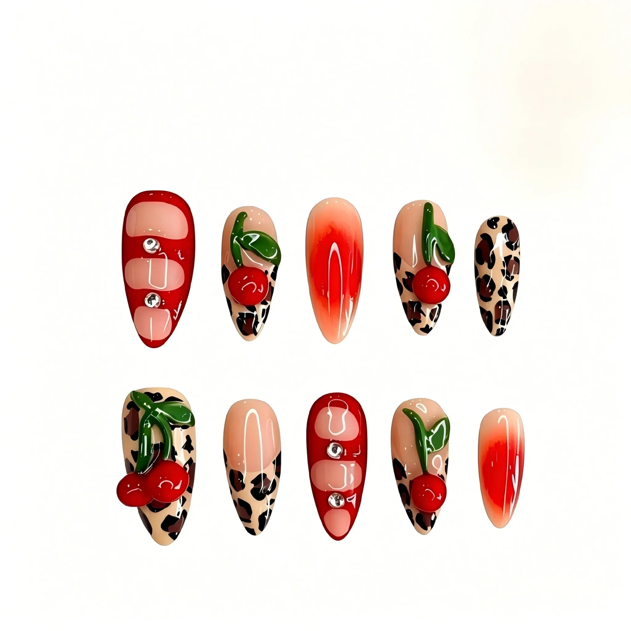 Leopard Print Press On Nails – Cherry Almond Glam Design 10 Pieces (Single Size) Secondary image
