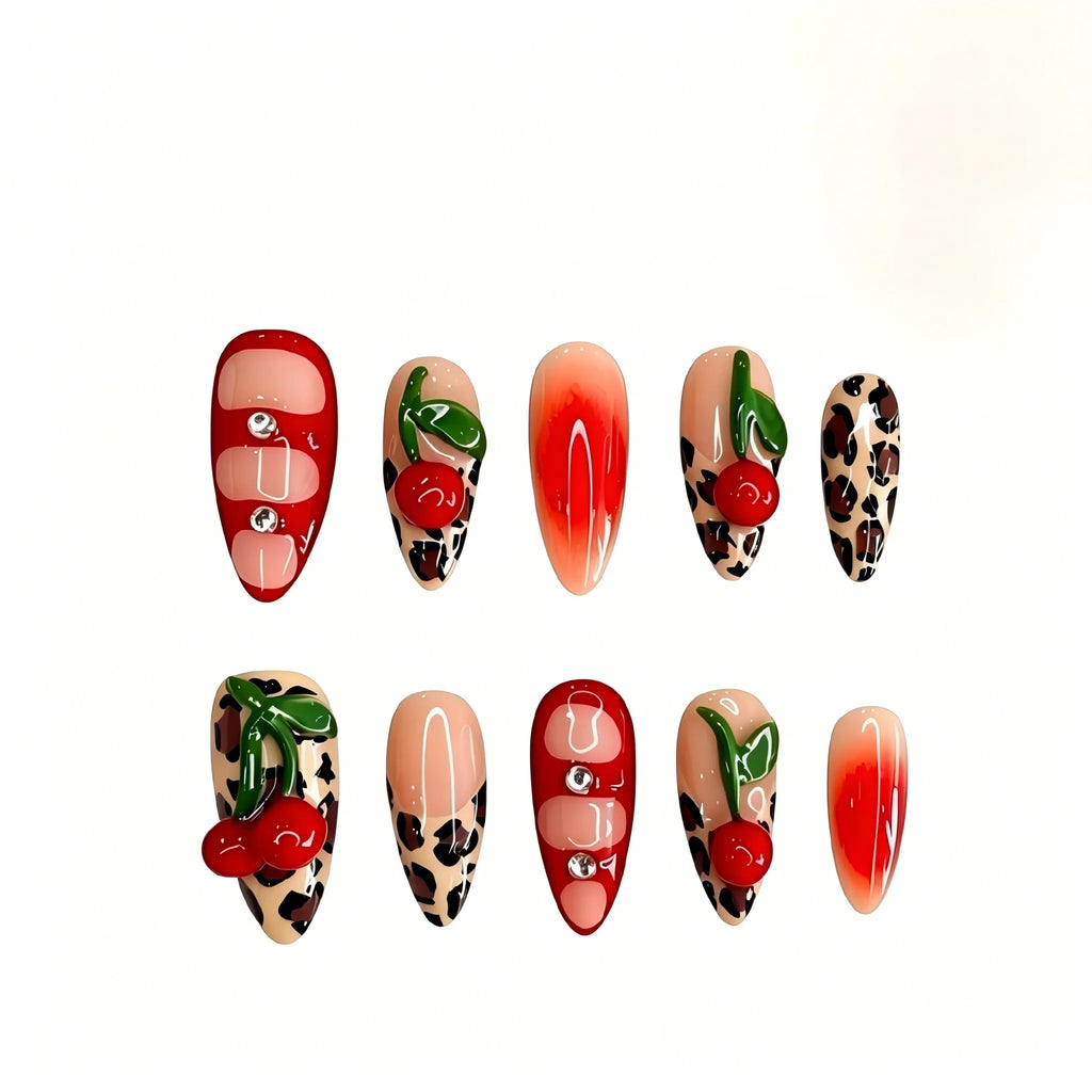 Kentrim Cherry Leopard Glam Medium Almond Press On Nails- 10 Pieces (Single Size)