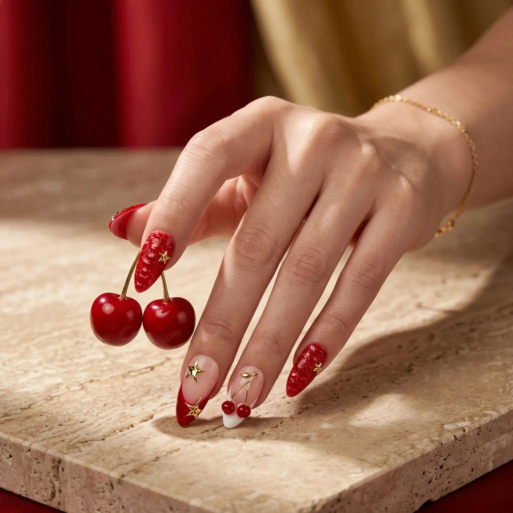Kentrim Cherry Star Almond Medium Press On Nails- 10 Pieces (Single Size)