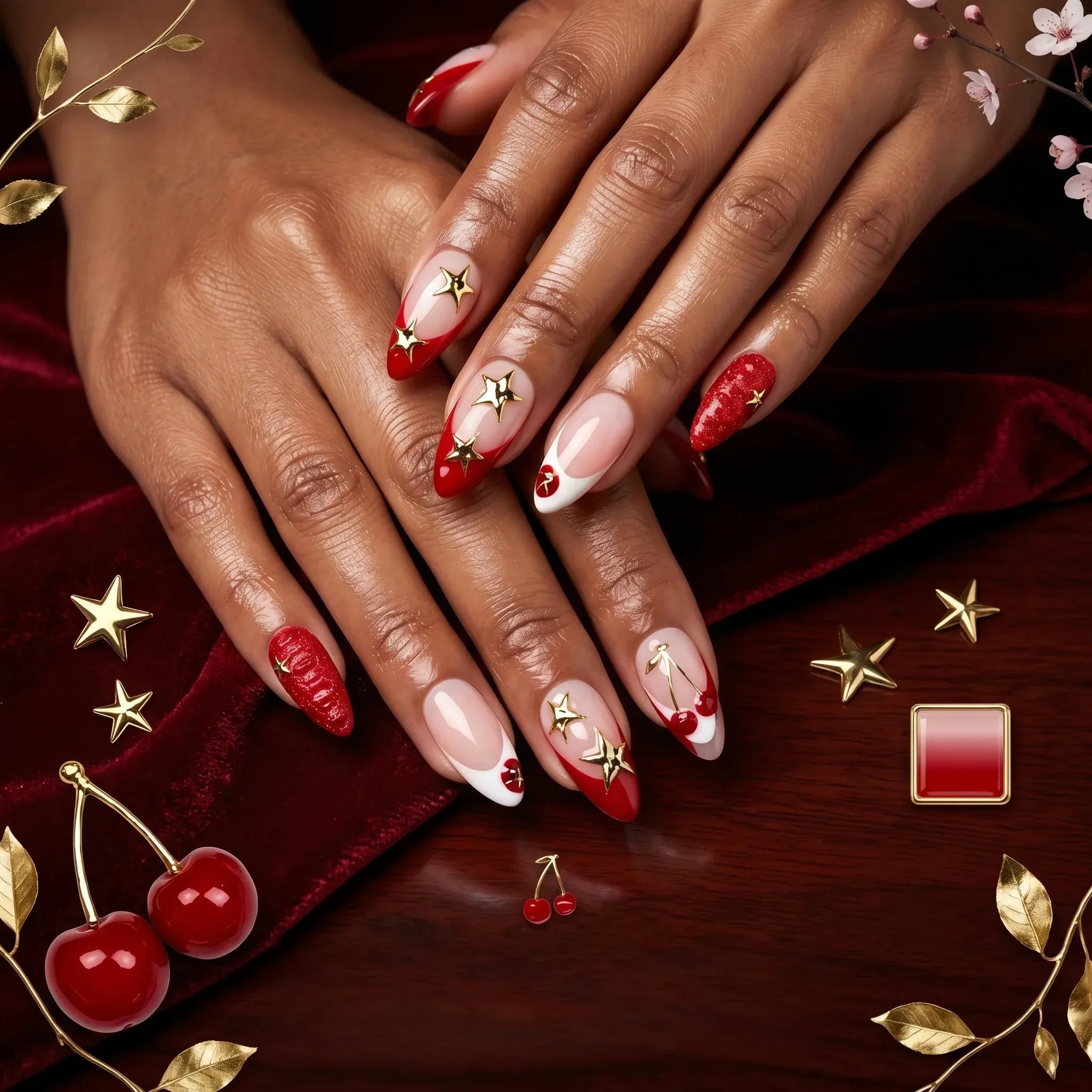 Kentrim Cherry Star almond press on nails with red and nude bases, 10-piece set, medium length, 3D cherry design on each nail. Main image