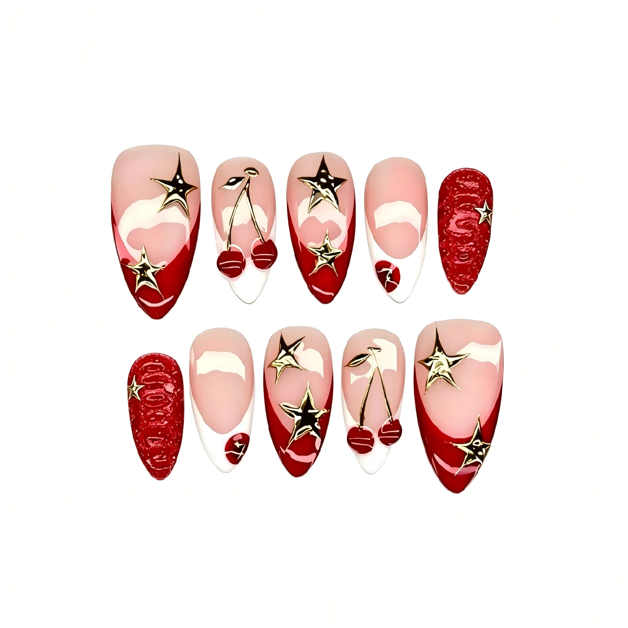Cherry Press On Nails – Red French Tip Star Design 10 Pieces (Single Size) Secondary image