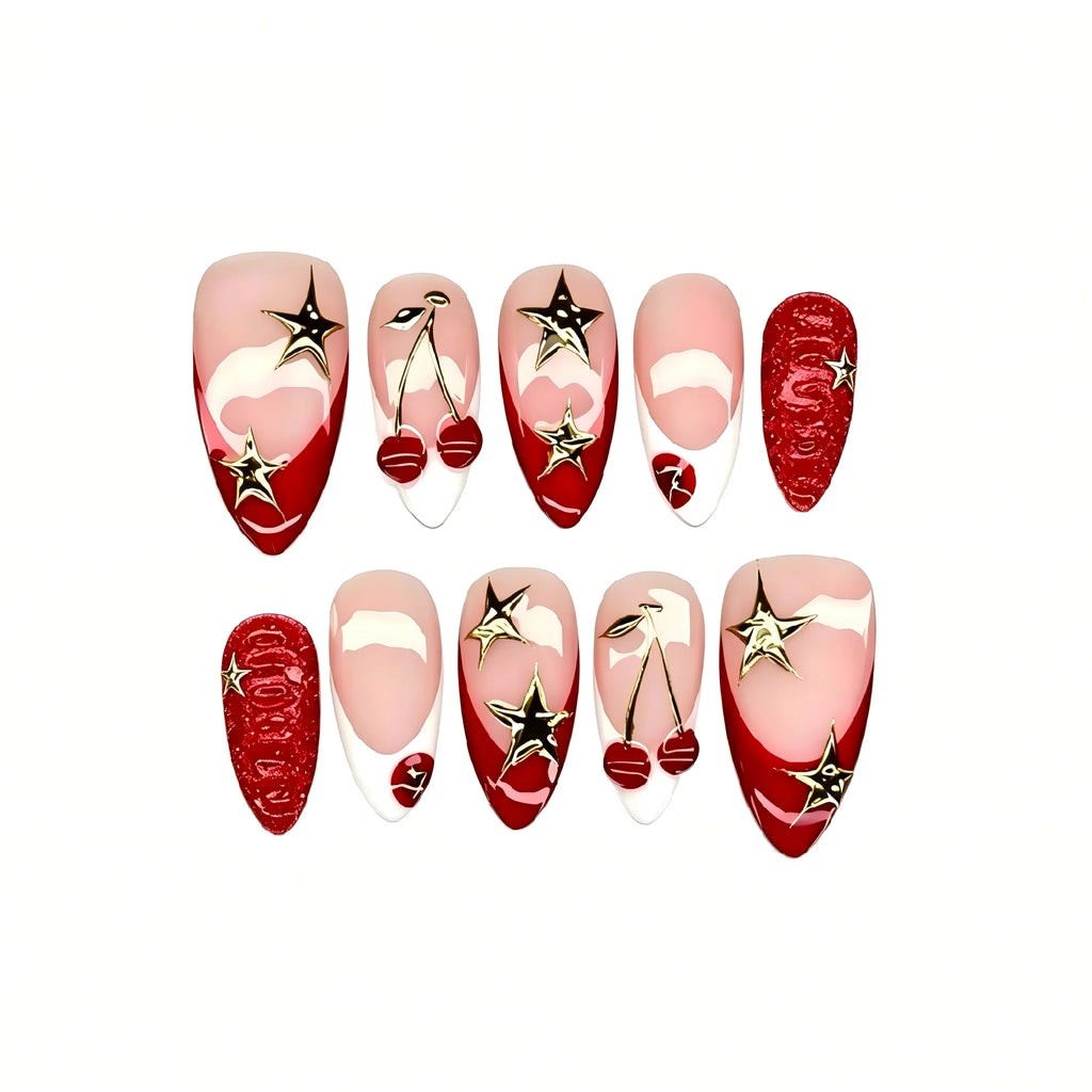 Kentrim Cherry Star Almond Medium Press On Nails- 10 Pieces (Single Size)