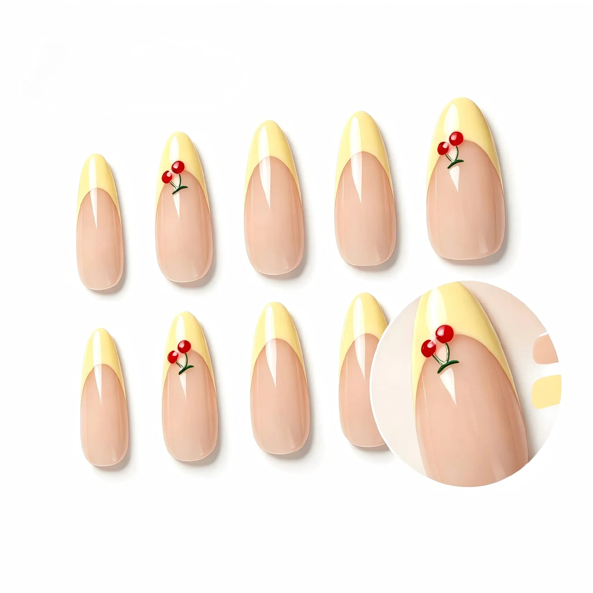 Cherry Press On Nails – Yellow French Tip Almond Design 30 Pieces, 15 Sizes Secondary image