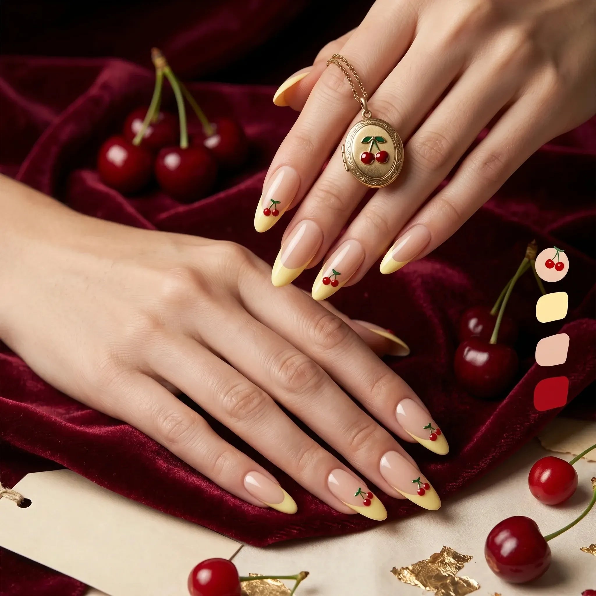 Kentrim Cherry Sweet almond press-on nails with yellow French tips, 30-piece set with 15 sizes, featuring 3D cherry accents. Main image