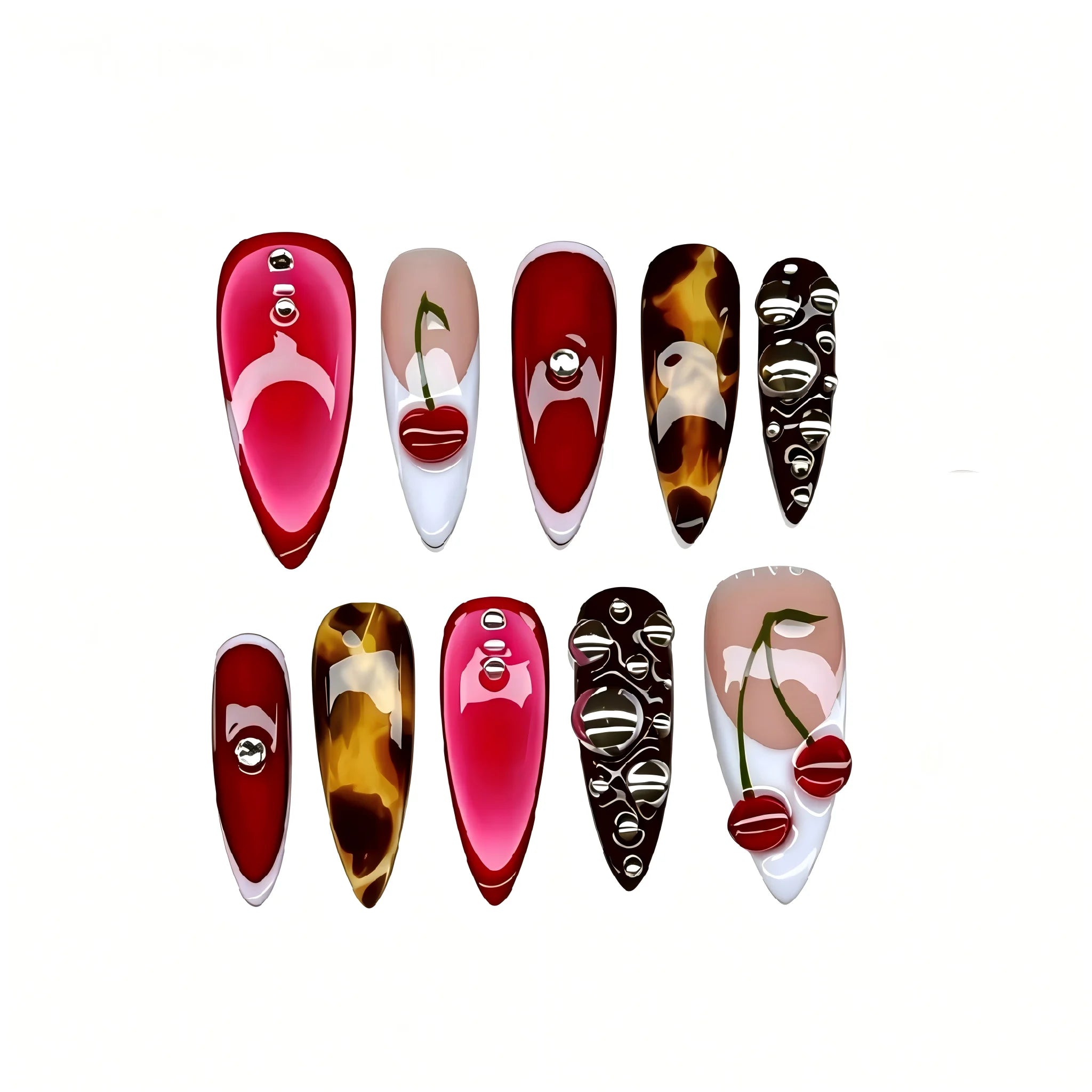 Kentrim Cherry & Tortoise Medium Almond Press On Nails - 10 Pieces (Single Size)