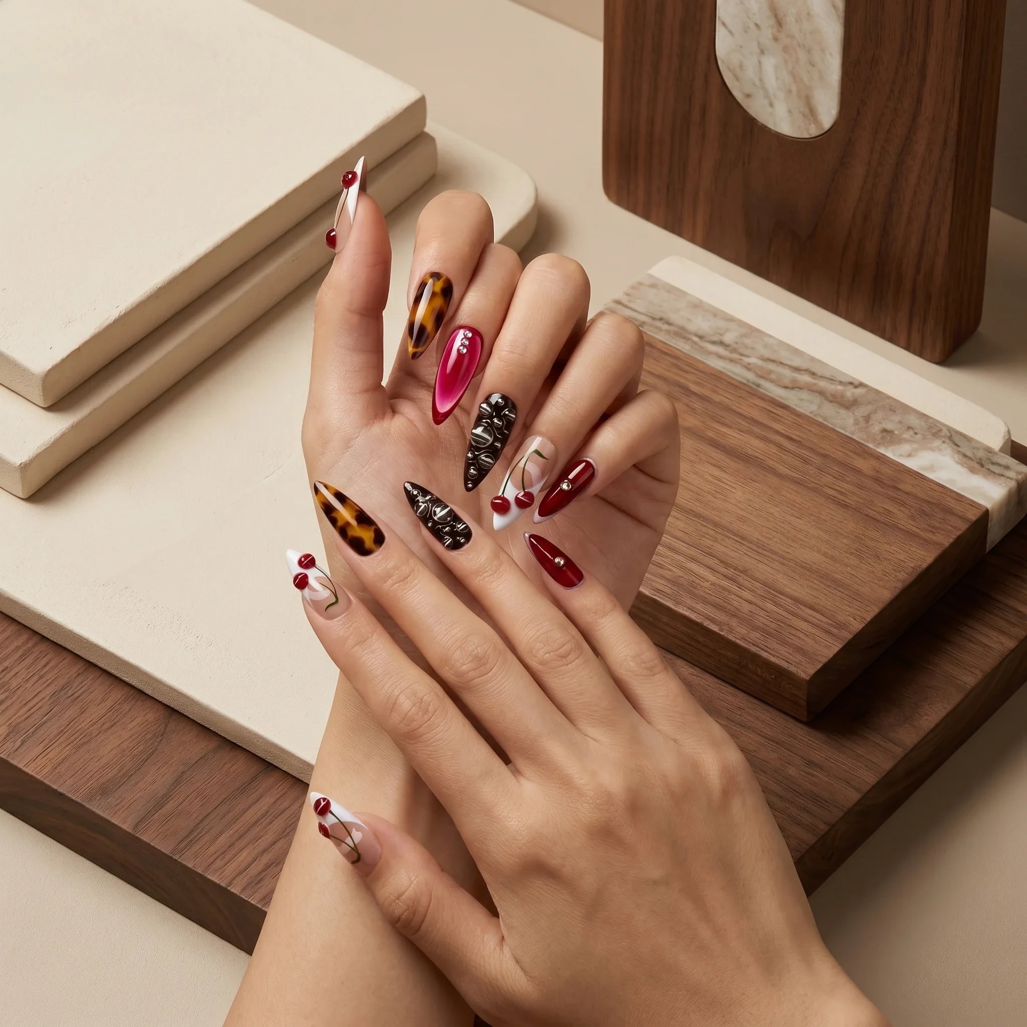 Kentrim Cherry & Tortoise Medium Almond Press On Nails - 10 Pieces (Single Size) Secondary image