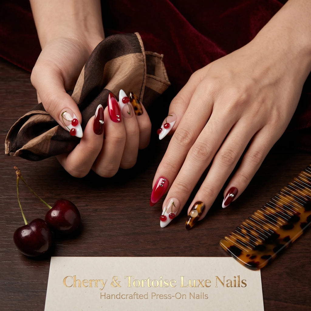 Kentrim Cherry & Tortoise Medium Almond Press On Nails - 10 Pieces (Single Size)